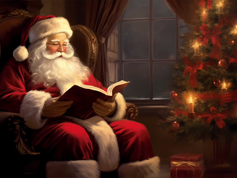 Santa Claus reading a book.