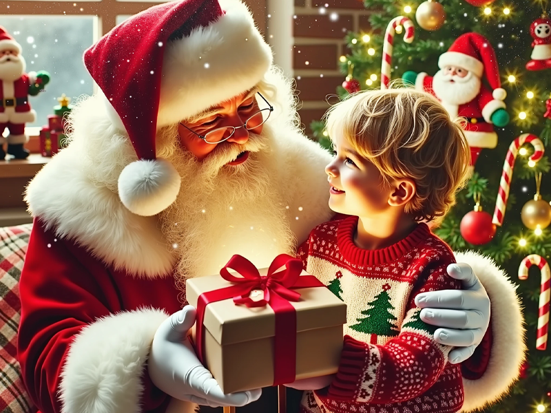 Santa Claus giving a gift to a child.